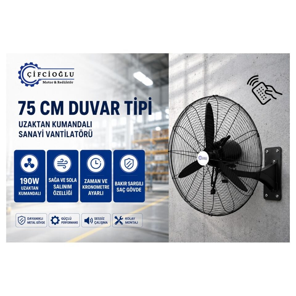 Çifcioğlu Duvar Tipi 75 CM Sanayi Tipi Uzaktan Kumandalı Vantilatör